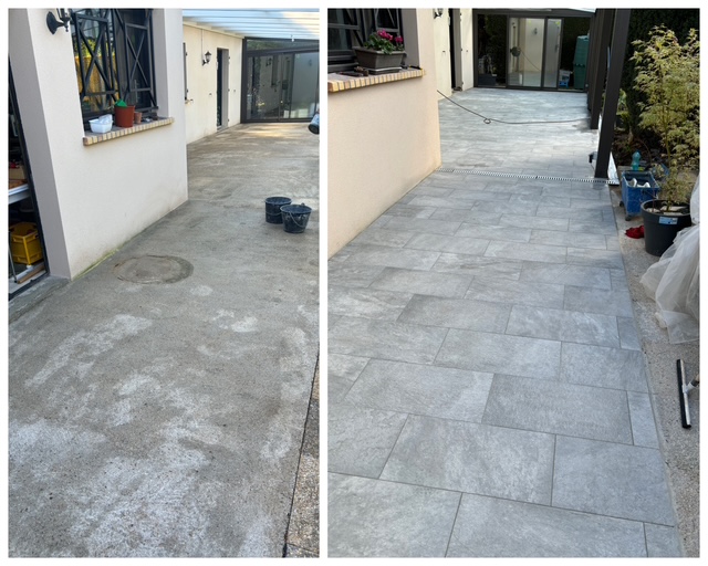 avant après Pose carrelage sur terrasse extérieure