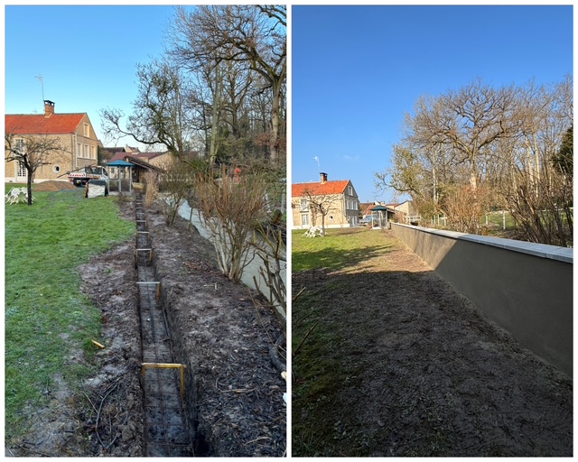 avant après Création mur de clôture avec fondations !